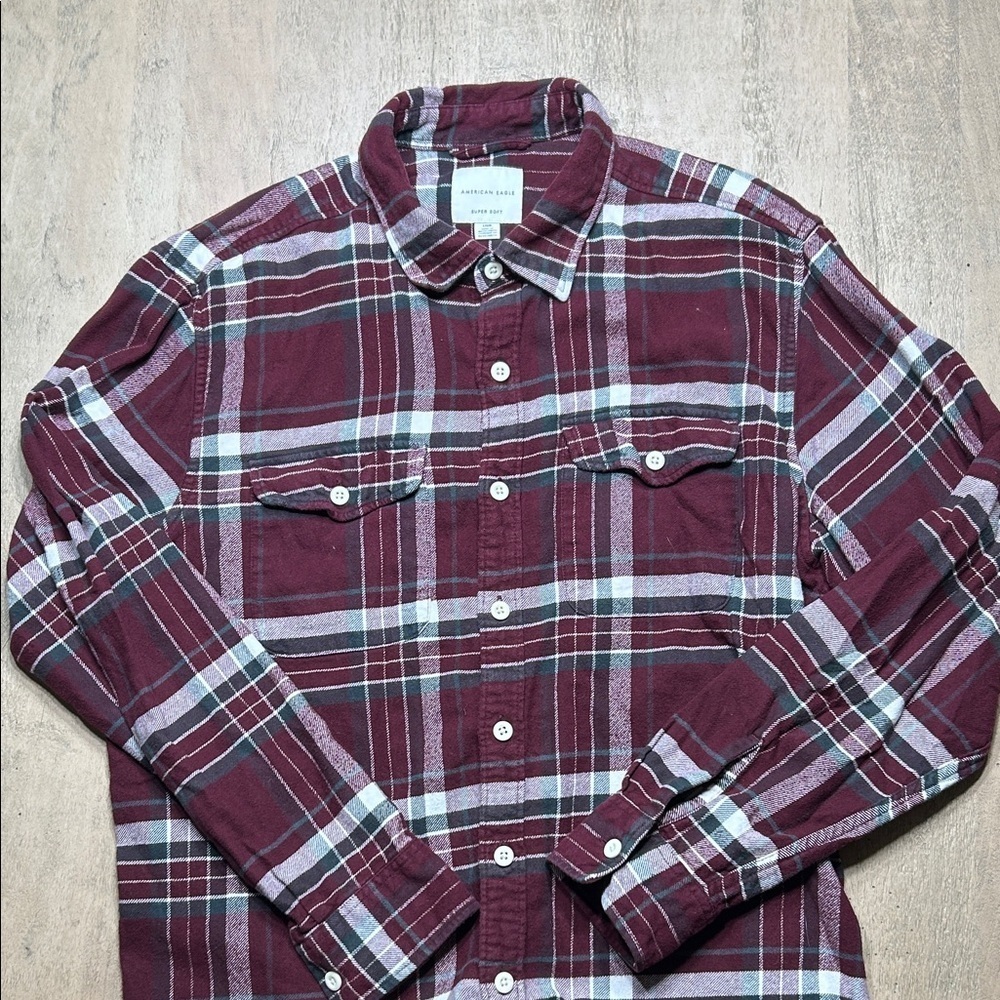American Eagle Maroon Plaid Flannel Shirt